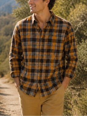 St. John’s Bay Men’s XXL Plaid Flannel Shirt Classic Fit 100% Cotton Brown Gray